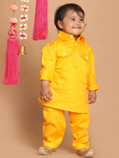 Sishu Boy's Yellow Pure Cotton Pathani Kurta With Pyjama Set